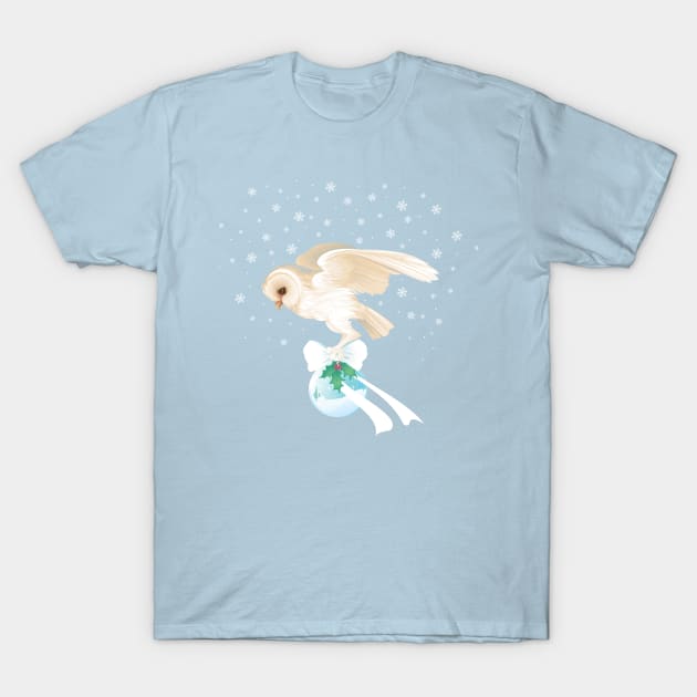 Barn Owl Carrying Christmas Globe T-Shirt by lauran